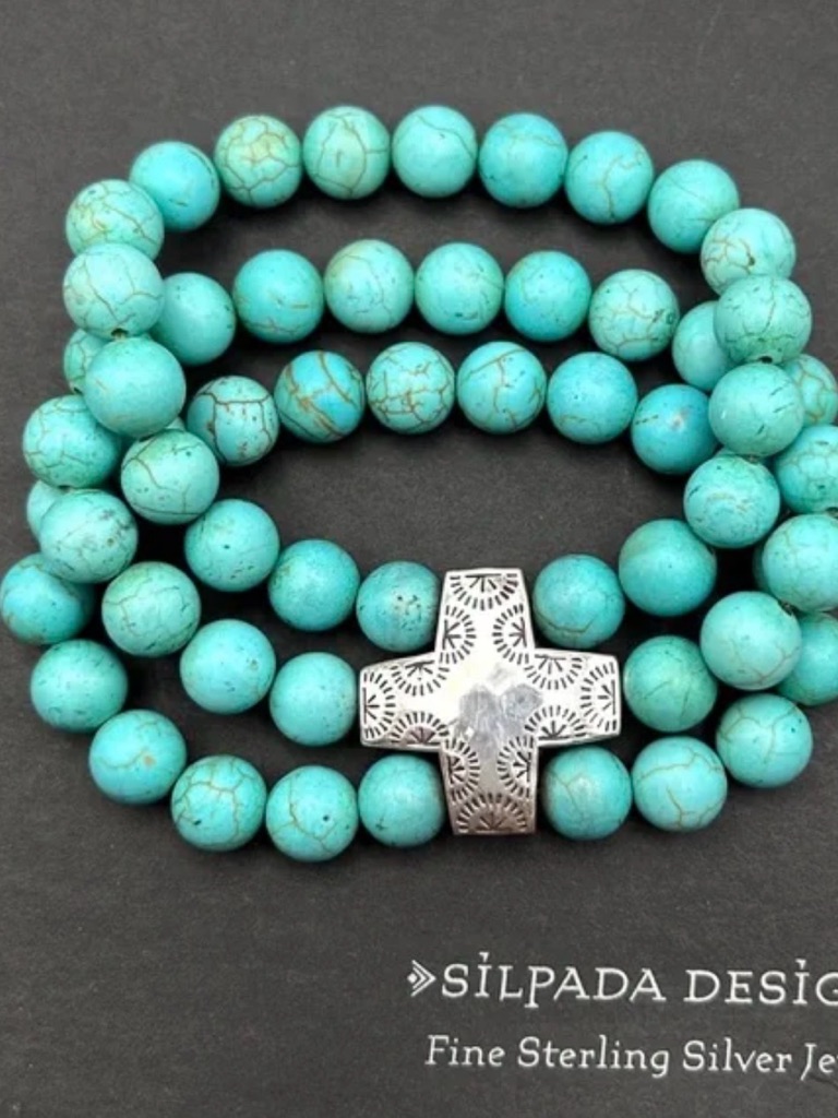 Silpada 925 Sterling Silver Cross 3 Strands Turquoise Beaded Bracelet